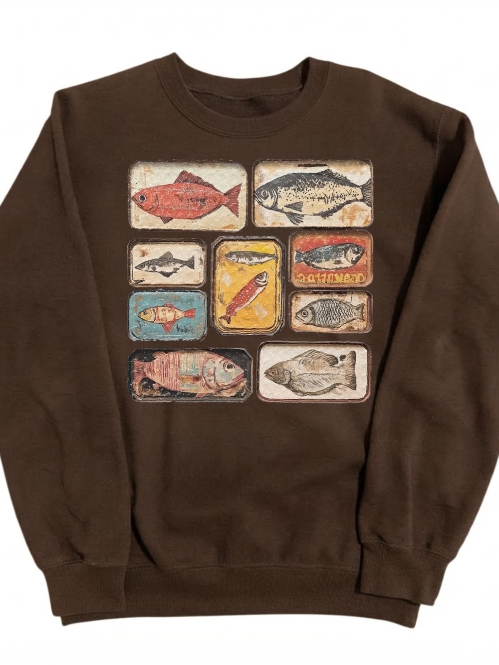 Gildan Brown Crewneck Sweatshirt with Vintage Fish Print